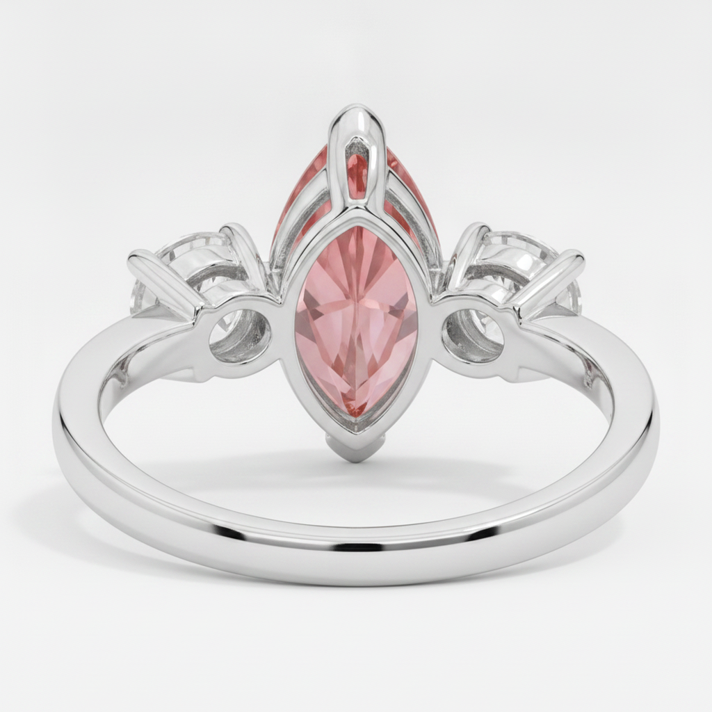 Padparadscha Sapphire Ring 3.1 Carat Real Marquise Three Stone Platinum