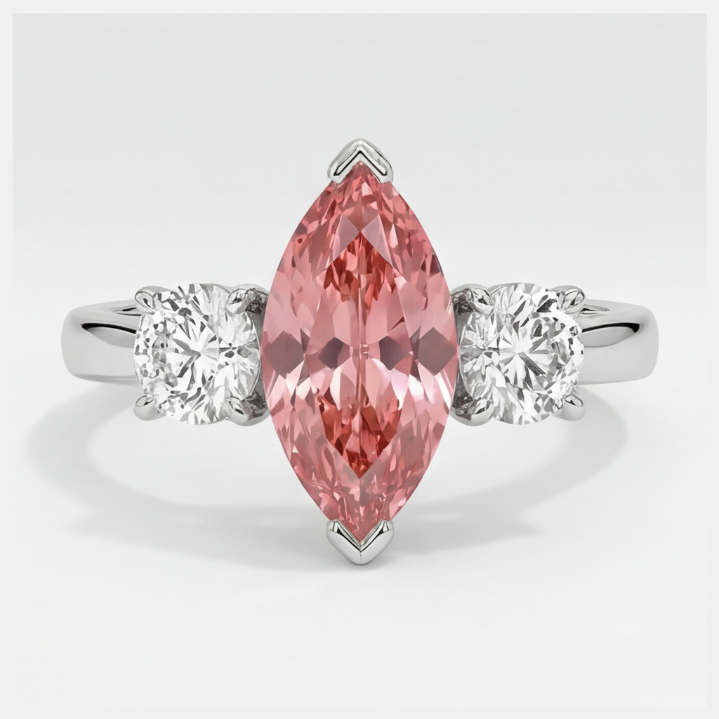 Padparadscha Sapphire Ring 3.1 Carat Real Marquise Three Stone Platinum