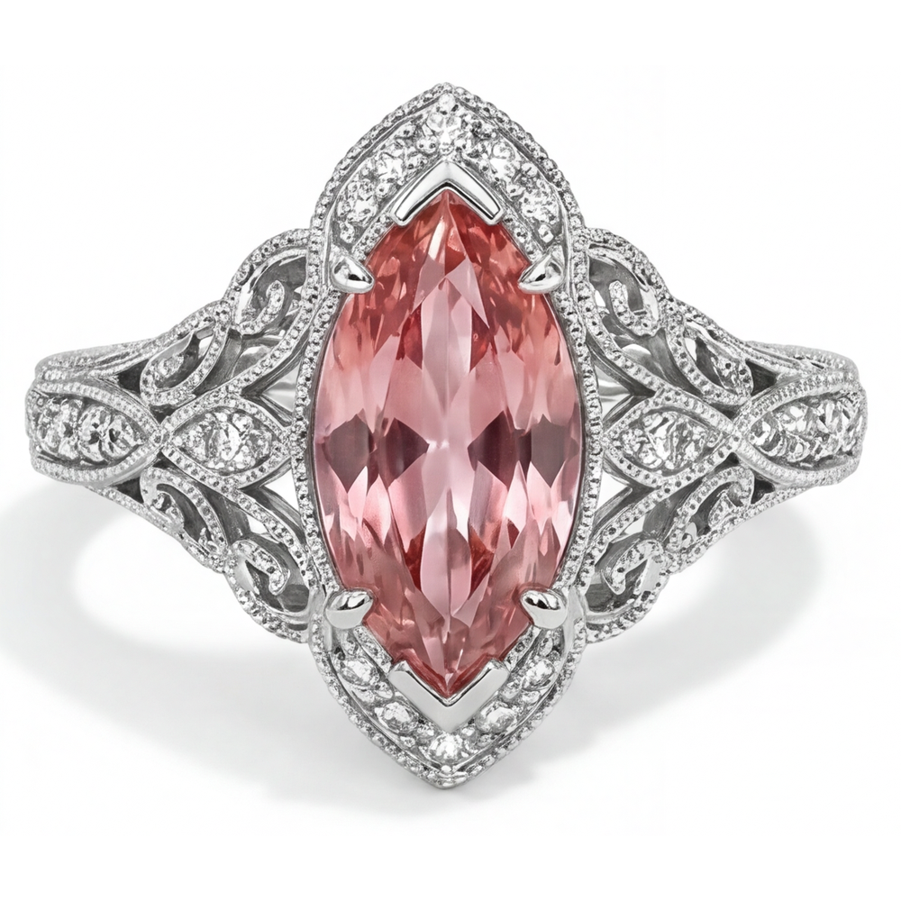 Peach Color Sapphire 2.3 Carat Genuine Marquise Padparadscha Halo Split Shank Ring 14K White Gold