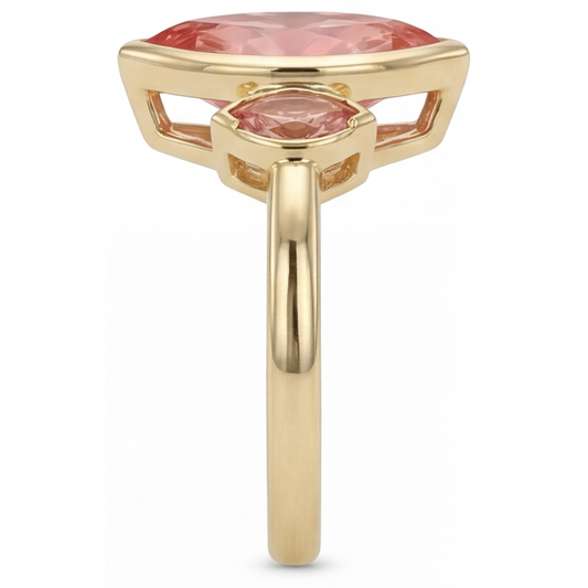 Peach Sapphire Engagement Ring 3 Carat Genuine Marquise Padparadscha Bezel Three Stone 14K Yellow Gold