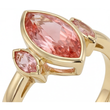 Peach Sapphire Engagement Ring 3 Carat Genuine Marquise Padparadscha Bezel Three Stone 14K Yellow Gold