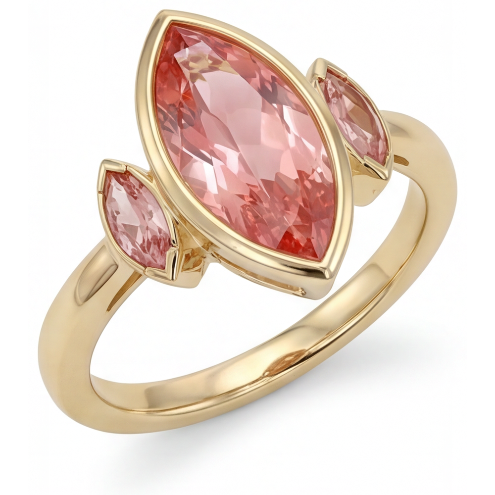 Peach Sapphire Engagement Ring 3 Carat Genuine Marquise Padparadscha Bezel Three Stone 14K Yellow Gold
