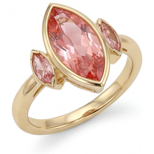 Peach Sapphire Engagement Ring 3 Carat Genuine Marquise Padparadscha Bezel Three Stone 14K Yellow Gold