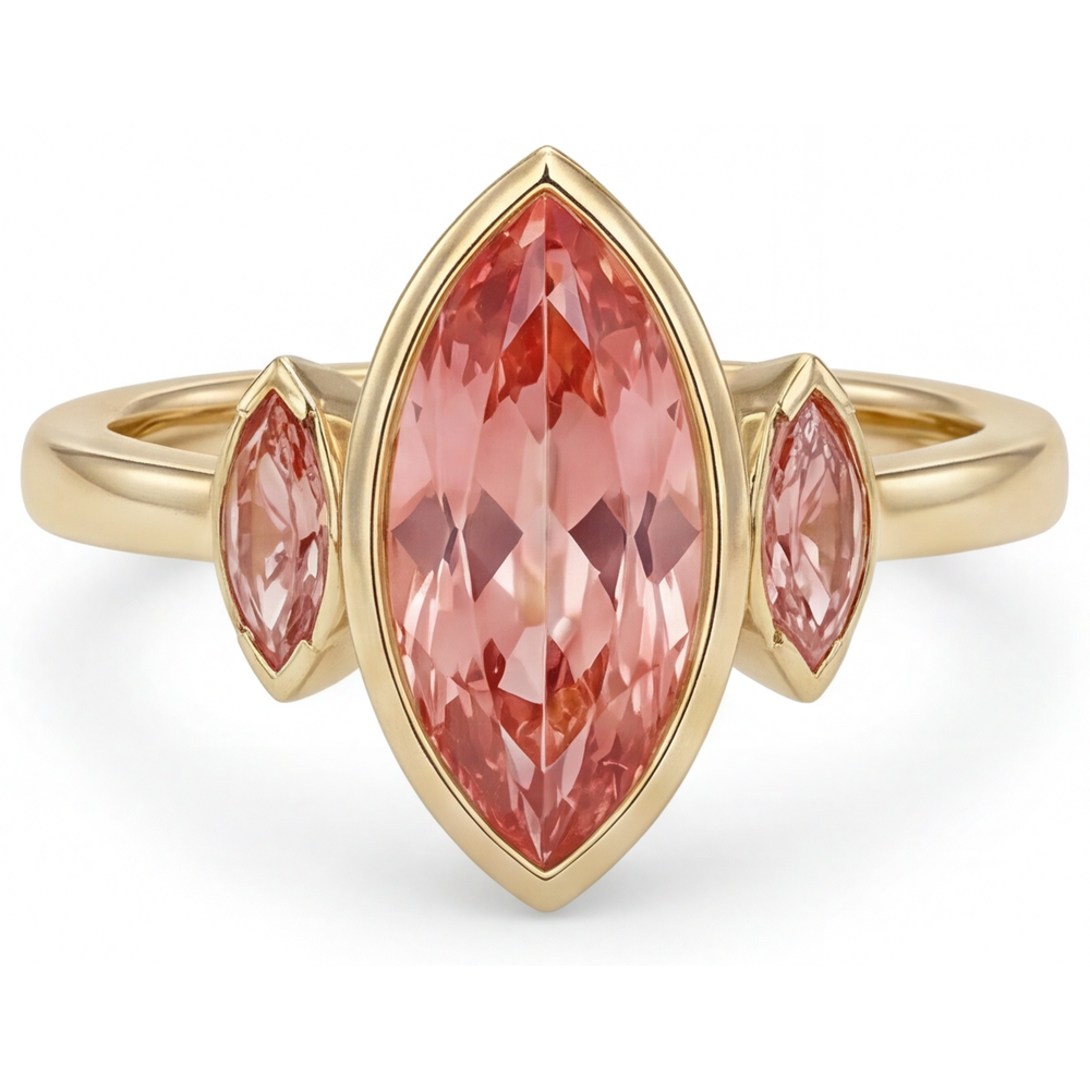 Peach Sapphire Engagement Ring 3 Carat Genuine Marquise Padparadscha Bezel Three Stone 14K Yellow Gold
