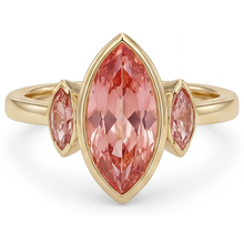 Peach Sapphire Engagement Ring 3 Carat Genuine Marquise Padparadscha Bezel Three Stone 14K Yellow Gold