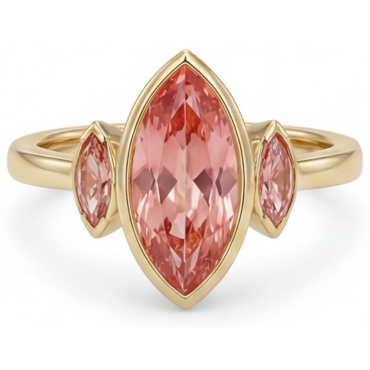 Peach Sapphire Engagement Ring 3 Carat Genuine Marquise Padparadscha Bezel Three Stone 14K Yellow Gold