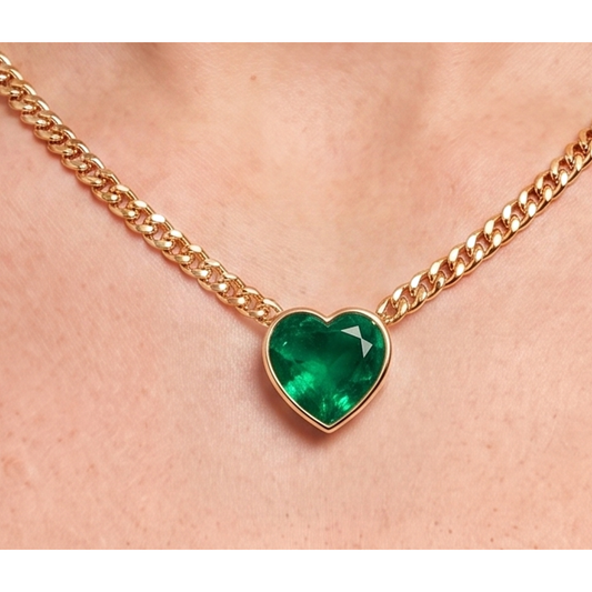 Miami Cuban Heart Emerald Slide Necklace 6 Carats Gold