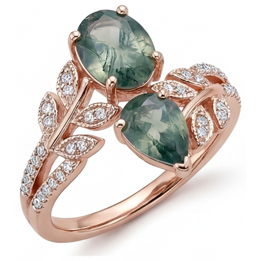 Colored Stone Ring 14K Rose Gold with Moss Agate – front view
