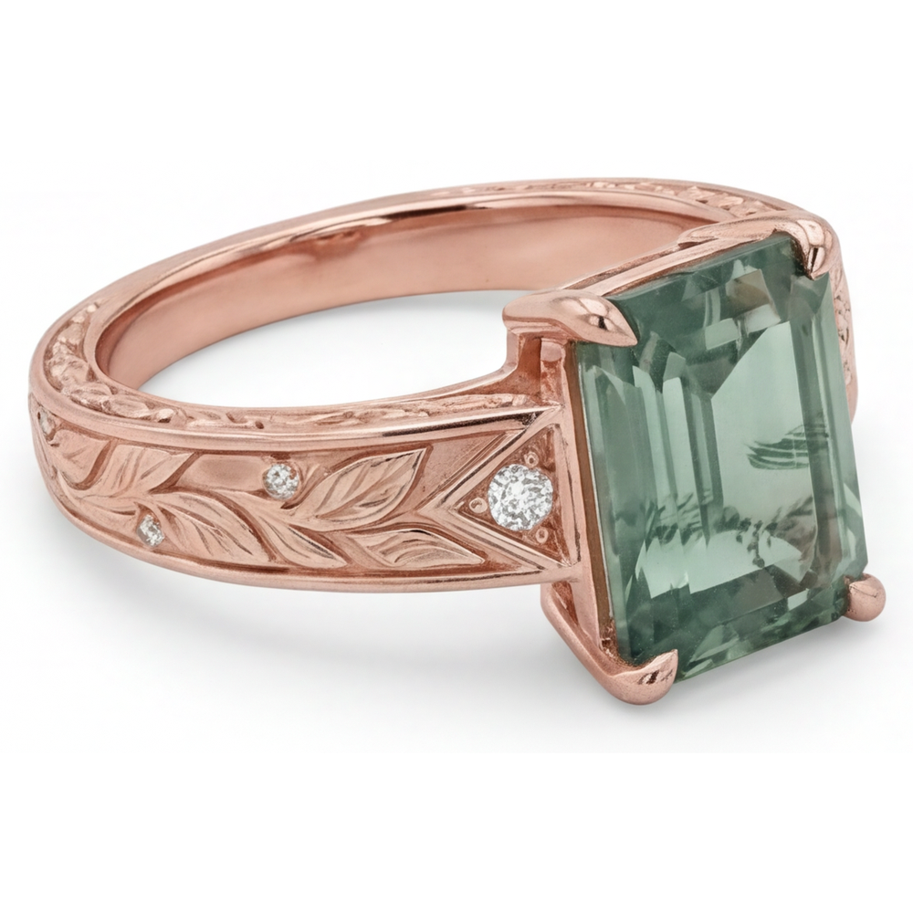 Moss Agate Step Cut Gemstone Ring in 14K Rose Gold – side view