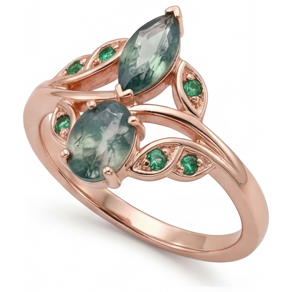 Moss Agate Marquise Gemstone Ring in 14 Karat Rose Gold – side view
