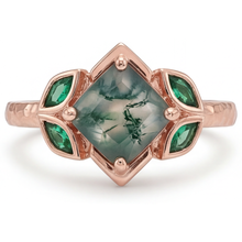 Moss Agate Princess Gemstone Ring in 14K Rose Gold – front view