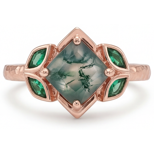 Moss Agate Princess Gemstone Ring in 14K Rose Gold – front view