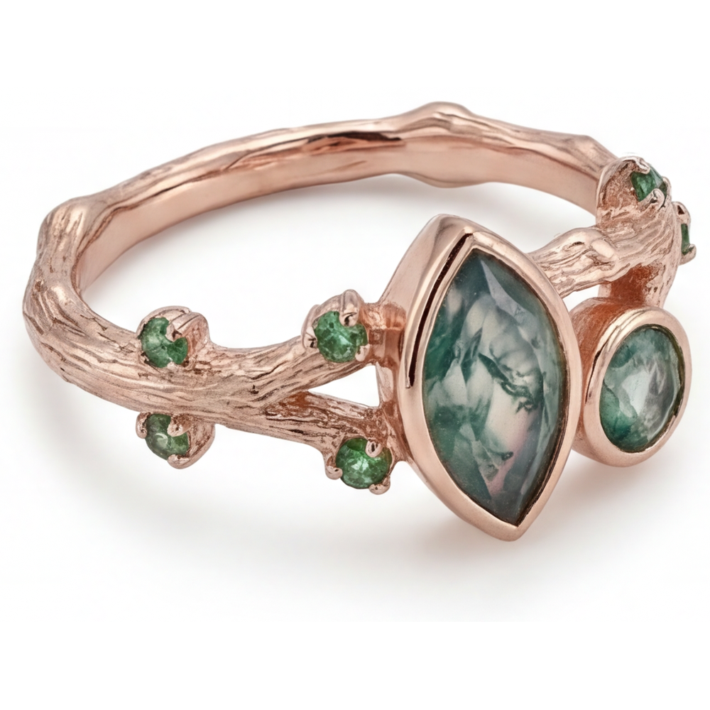 Moss Agate Marquise Cut Precious Stone Ring in 14K Rose Gold – side view