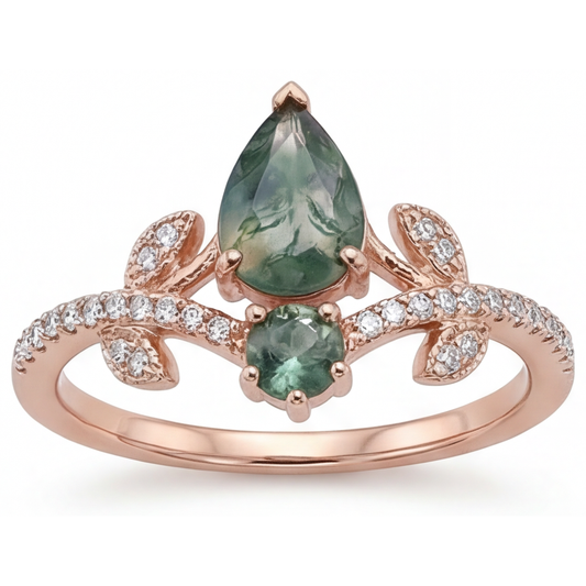 Pear Cut Moss Agate ring in 14K Rose Gold – main view