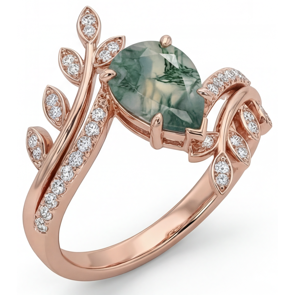 Moss Agate Pear Shape Precious Stone Ring in 14K Rose Gold – main view