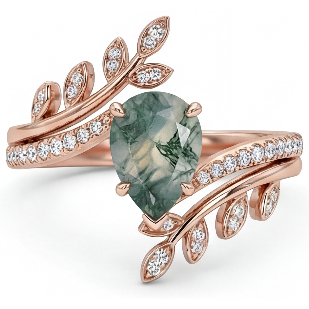 Moss Agate Pear Shape Precious Stone Ring in 14K Rose Gold – side view