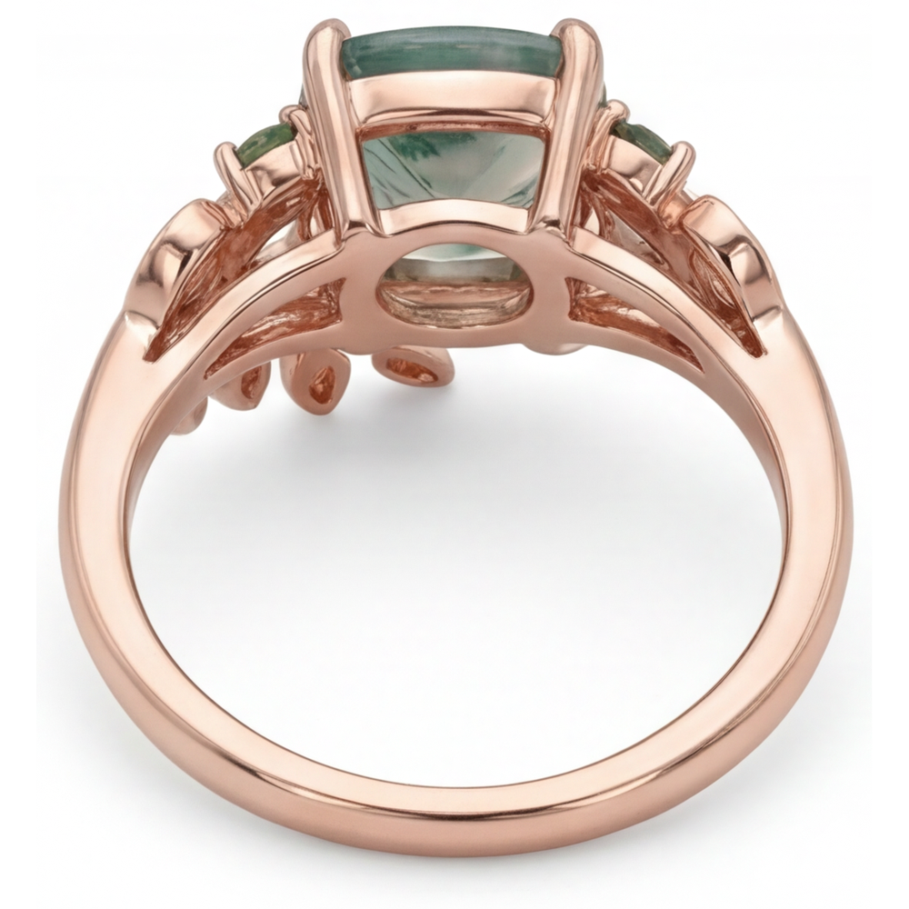 Moss Agate Cushion Cut Precious Stone Ring in 14K Rose Gold – top view