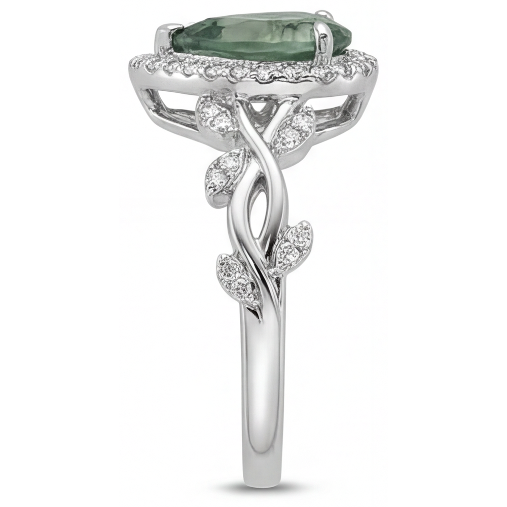 Pear Shape Moss Agate ring in 14 Karat White Gold – angle view