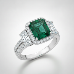 Emerald Proposal Ring Natural Muzo Cadillac Halo Three Stone Platinum