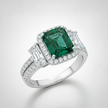 Emerald Proposal Ring Natural Muzo Cadillac Halo Three Stone Platinum