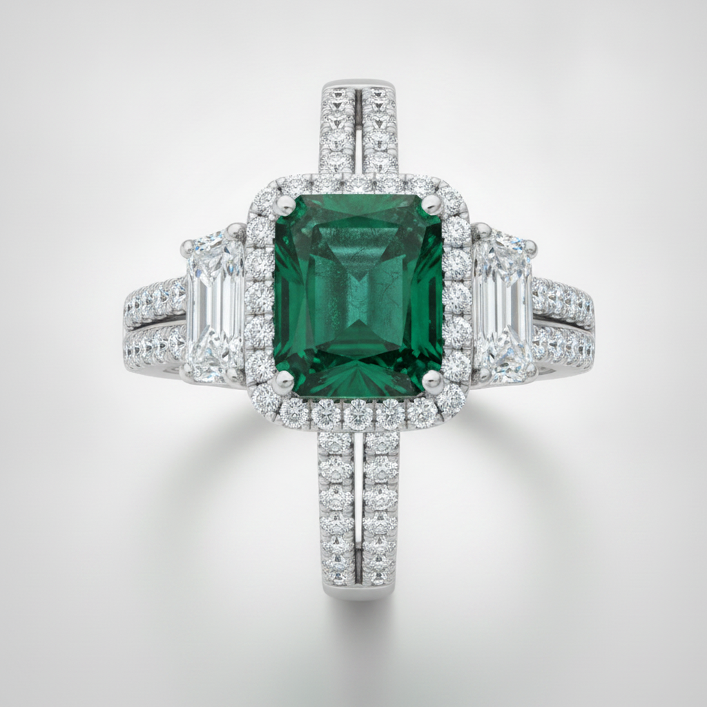 Emerald Proposal Ring Natural Muzo Cadillac Halo Three Stone Platinum