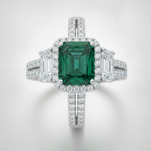 Emerald Proposal Ring Natural Muzo Cadillac Halo Three Stone Platinum