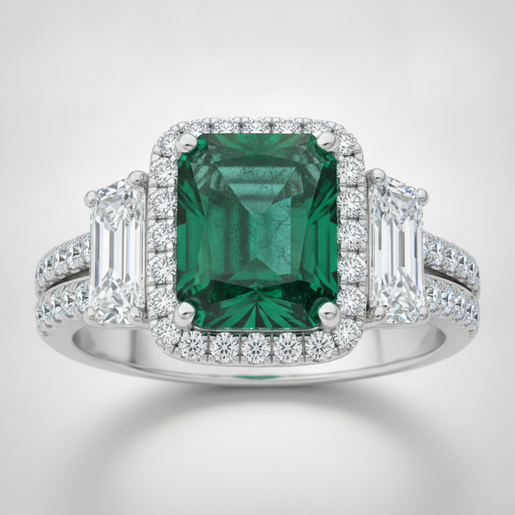 Emerald Proposal Ring Natural Muzo Cadillac Halo Three Stone Platinum