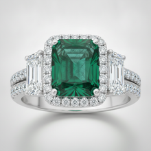 Emerald Proposal Ring Natural Muzo Cadillac Halo Three Stone Platinum