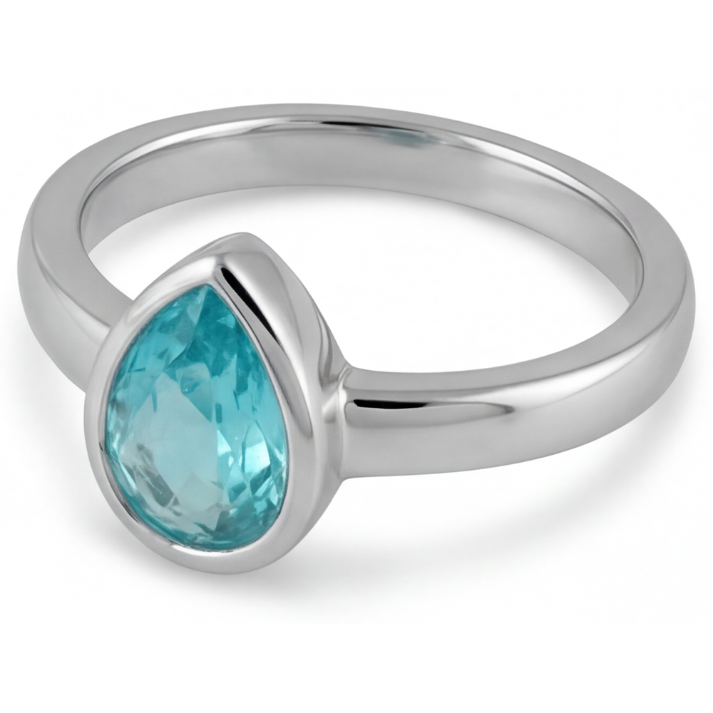 Neon Paraiba Pear Shape Colored Stone Ring in 14 Karat White Gold – angle view