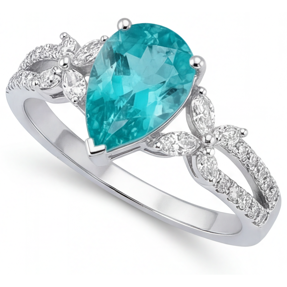 Real Neon Paraiba Gemstone Ring 2 ct 14K White Gold – angle view