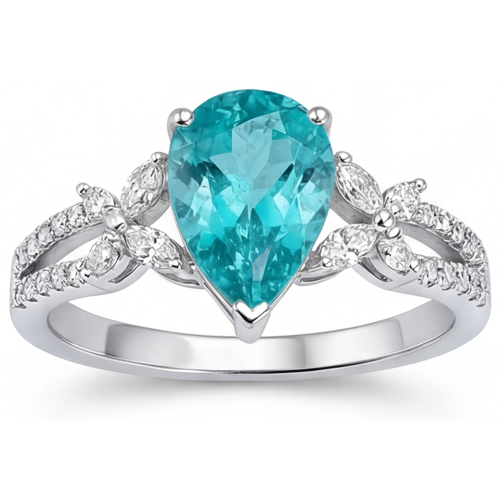 Pear Cut Neon Paraiba ring in 14K White Gold – top view