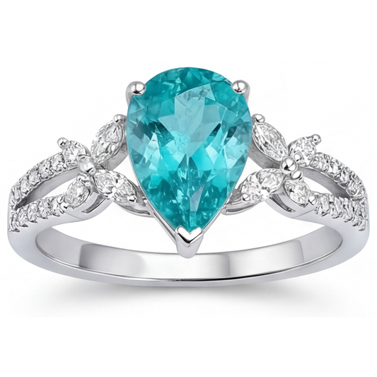 Pear Cut Neon Paraiba ring in 14K White Gold – top view