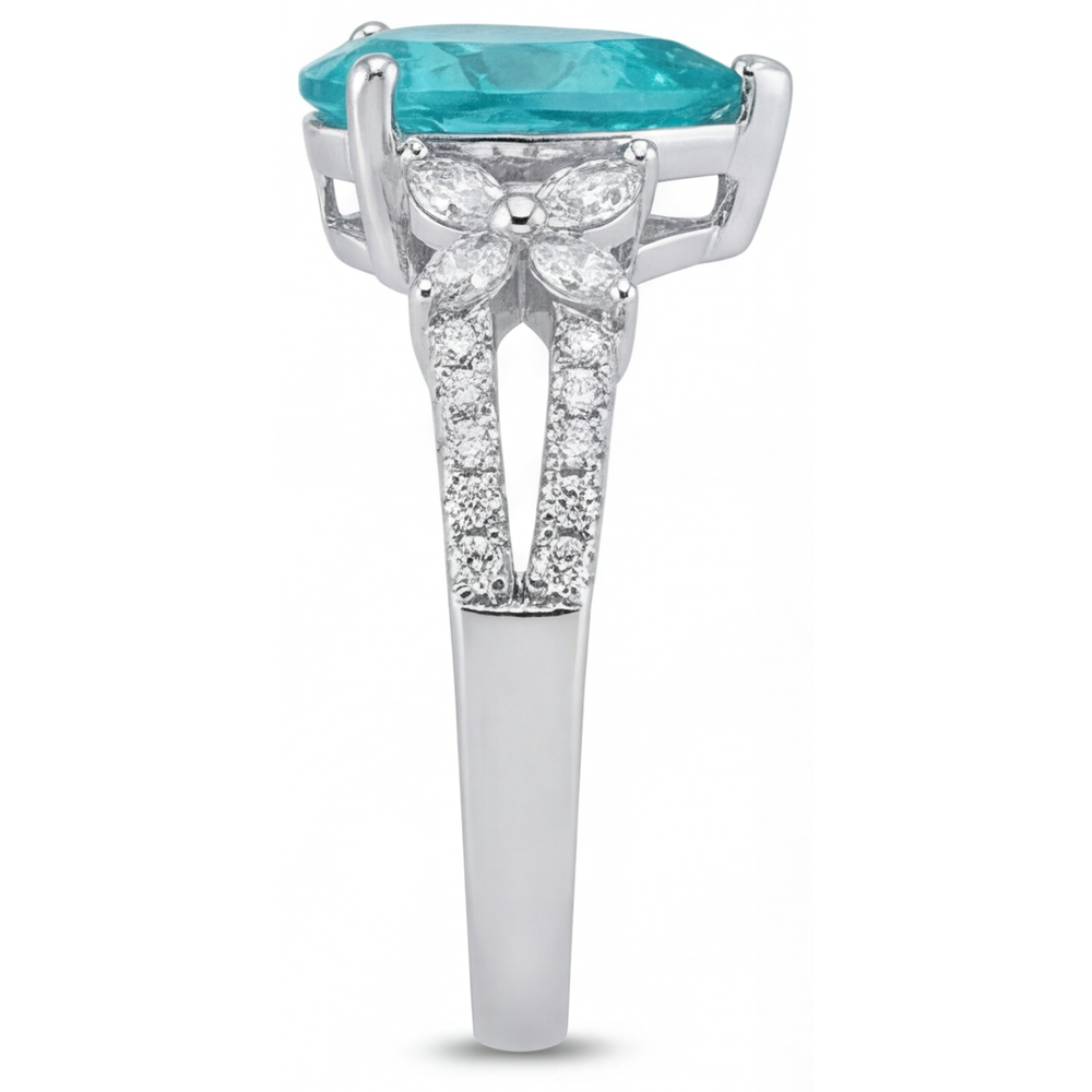 Pear Cut Neon Paraiba ring in 14K White Gold – back view