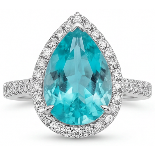 Halo Engagement Ring 14 Karat White Gold with Neon Paraiba – front view
