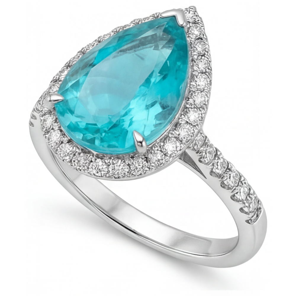 Natural Neon Paraiba Halo Engagement Ring 5.50 ct 14 Karat White Gold – angle view