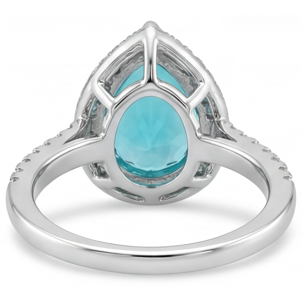 Neon Paraiba Pear Cut Halo Engagement Ring in 14 Karat White Gold – top view