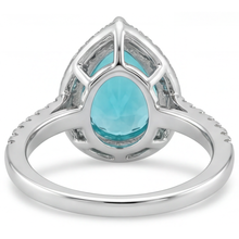Neon Paraiba Pear Cut Halo Engagement Ring in 14 Karat White Gold – top view