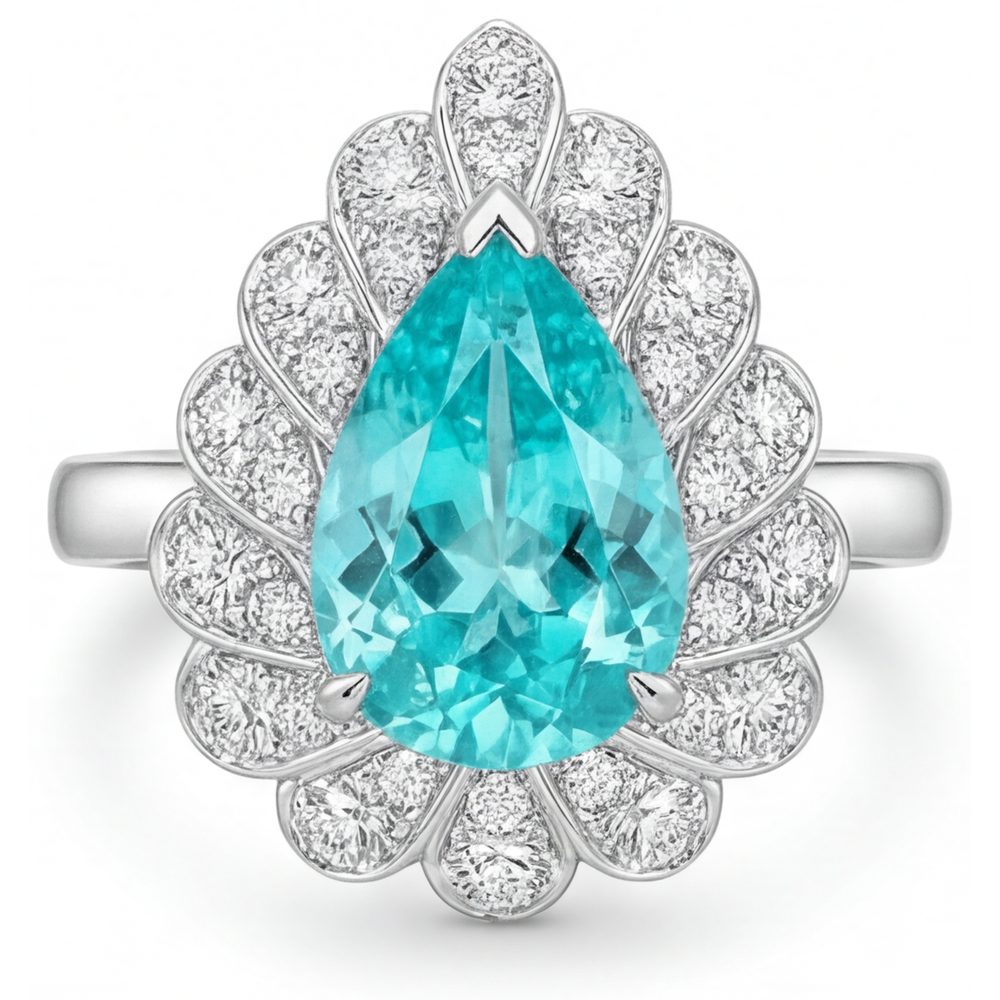 Pear Shape Neon Paraiba ring in 14K White Gold – main view