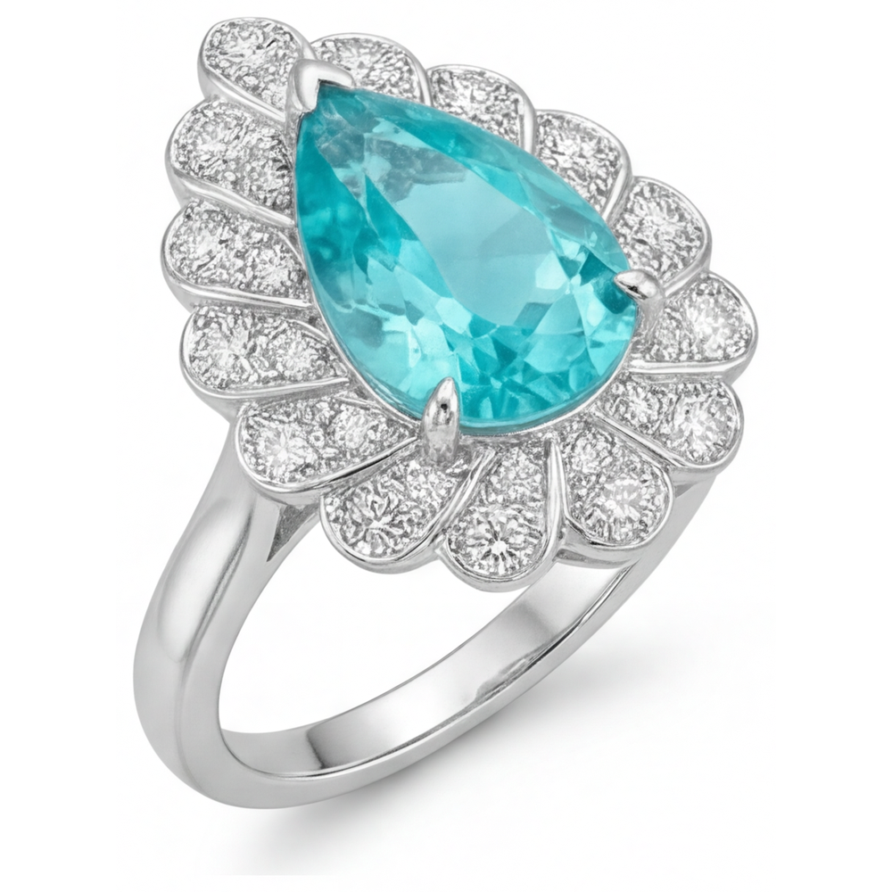 Neon Paraiba Pear Shape Halo Ring in 14K White Gold – front view