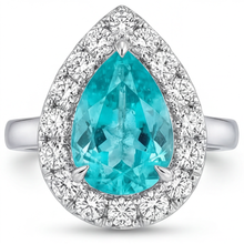 Neon Paraiba Pear Shape Halo Ring in 14K White Gold – front view