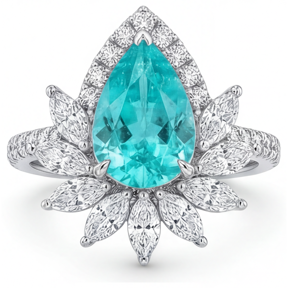 Neon Paraiba Pear Shape Halo Setting Ring in 14K White Gold – front view