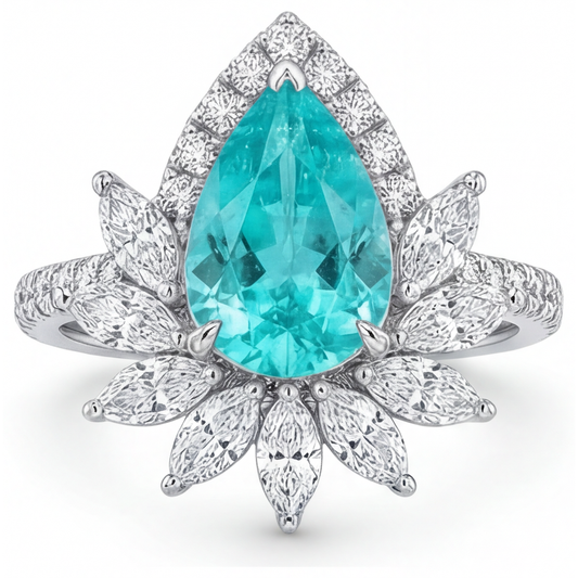 Neon Paraiba Pear Shape Halo Setting Ring in 14K White Gold – front view