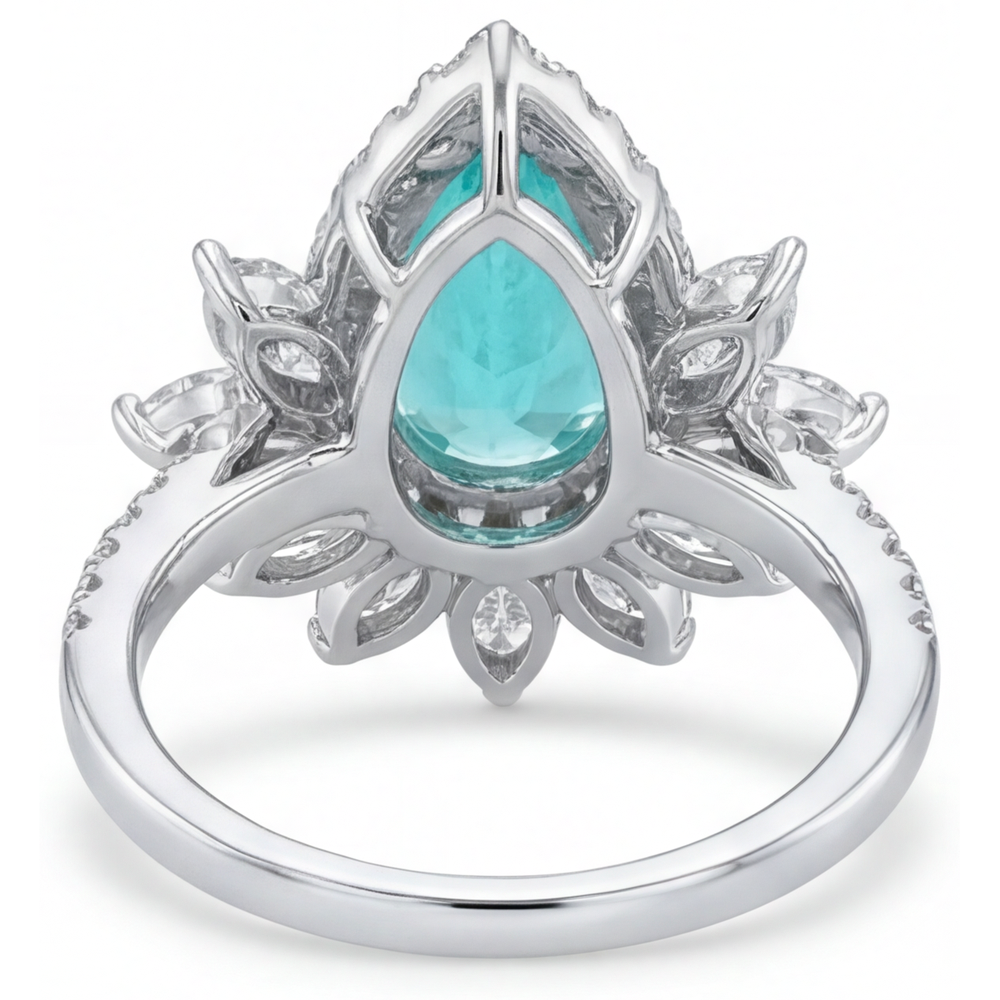 Pear Shape Neon Paraiba ring in 14K White Gold – back view