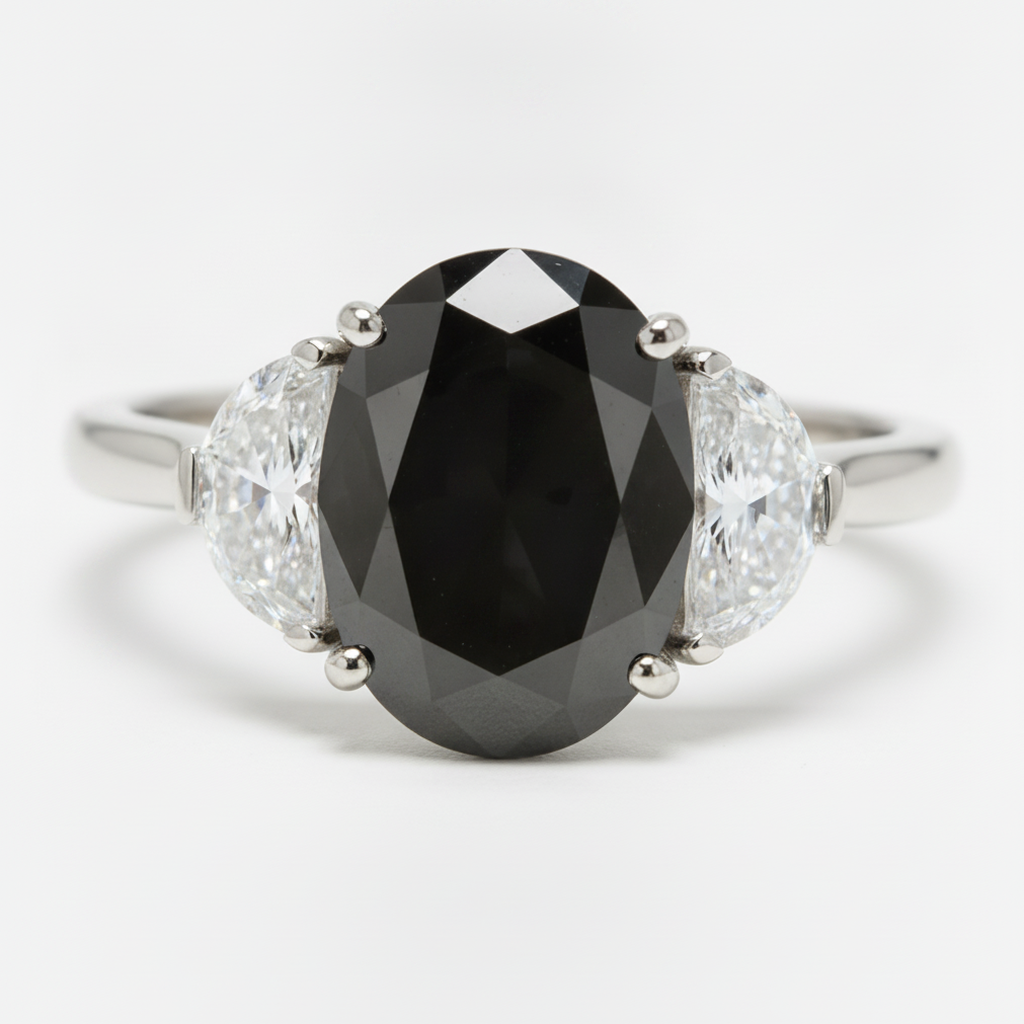 Black Diamond Marriage Ring 4.6 Carat Genuine Oval Half Moon Three Stone 14K White Gold