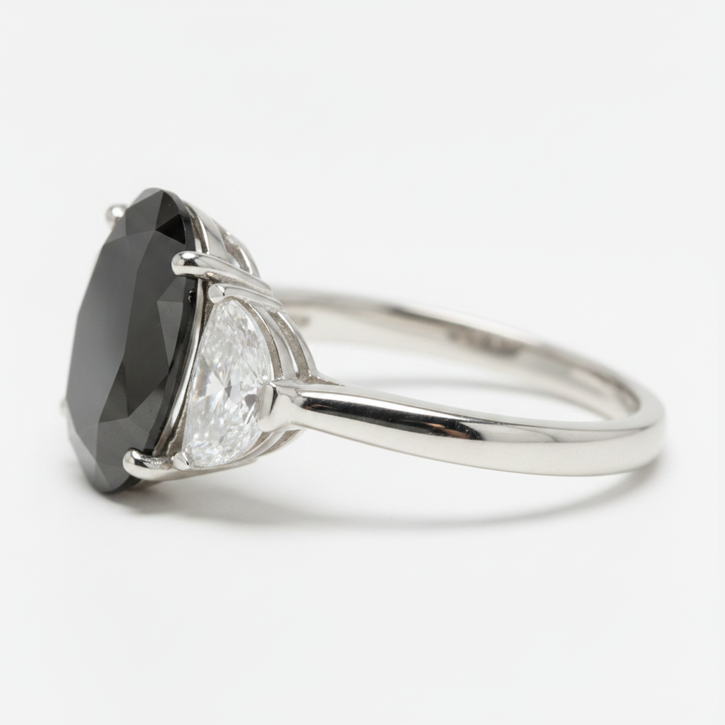 Black Diamond Marriage Ring 4.6 Carat Genuine Oval Half Moon Three Stone 14K White Gold