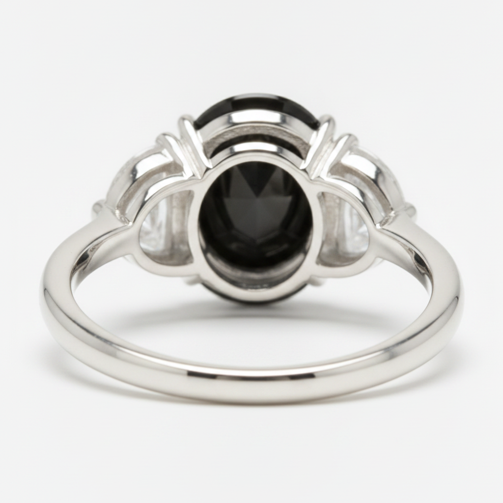 Black Diamond Marriage Ring 4.6 Carat Genuine Oval Half Moon Three Stone 14K White Gold