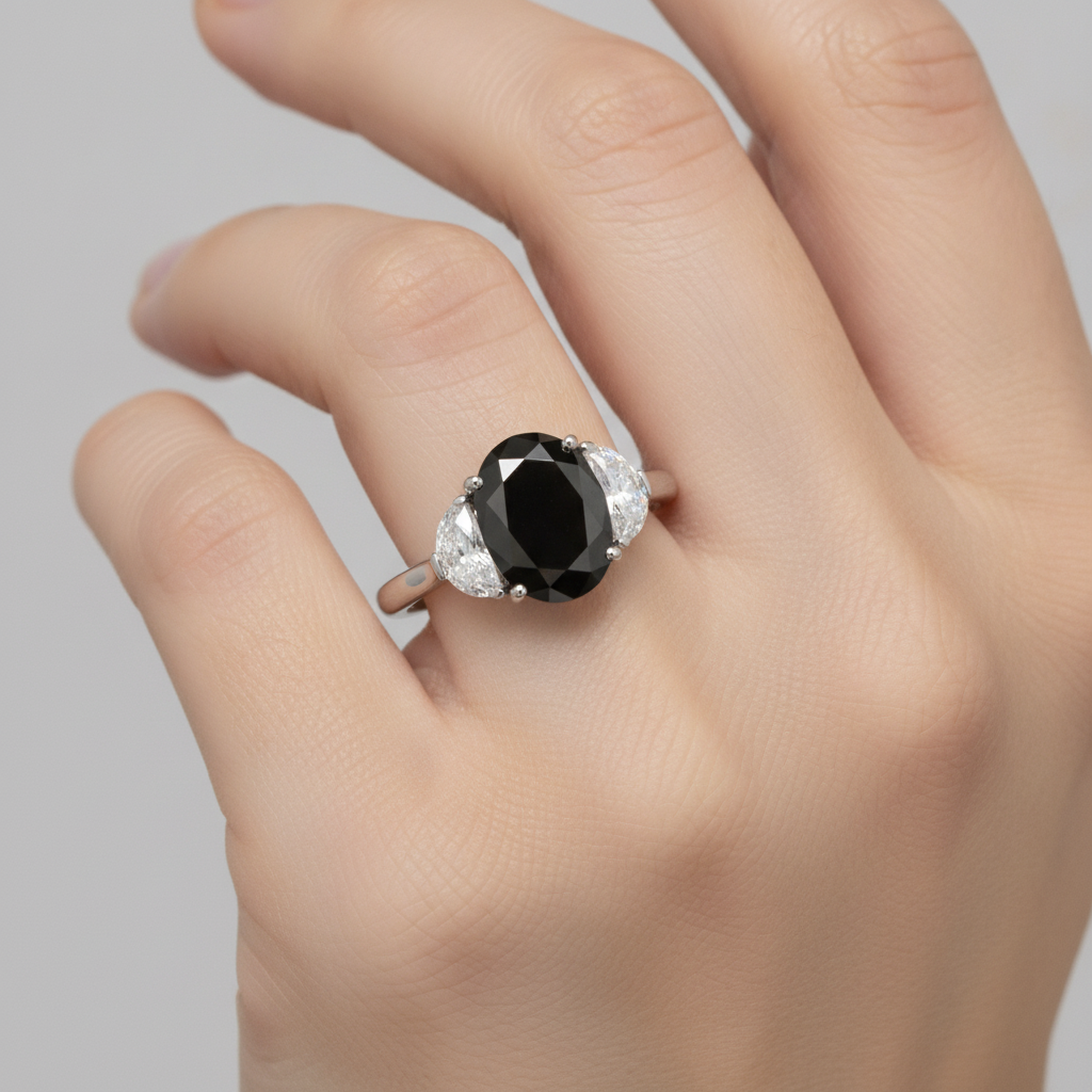 Black Diamond Marriage Ring 4.6 Carat Genuine Oval Half Moon Three Stone 14K White Gold