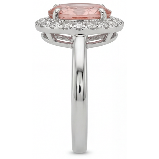 Padparadscha Sapphire Ring 4.3 Carat Lab Grown Oval Halo 14K White Gold