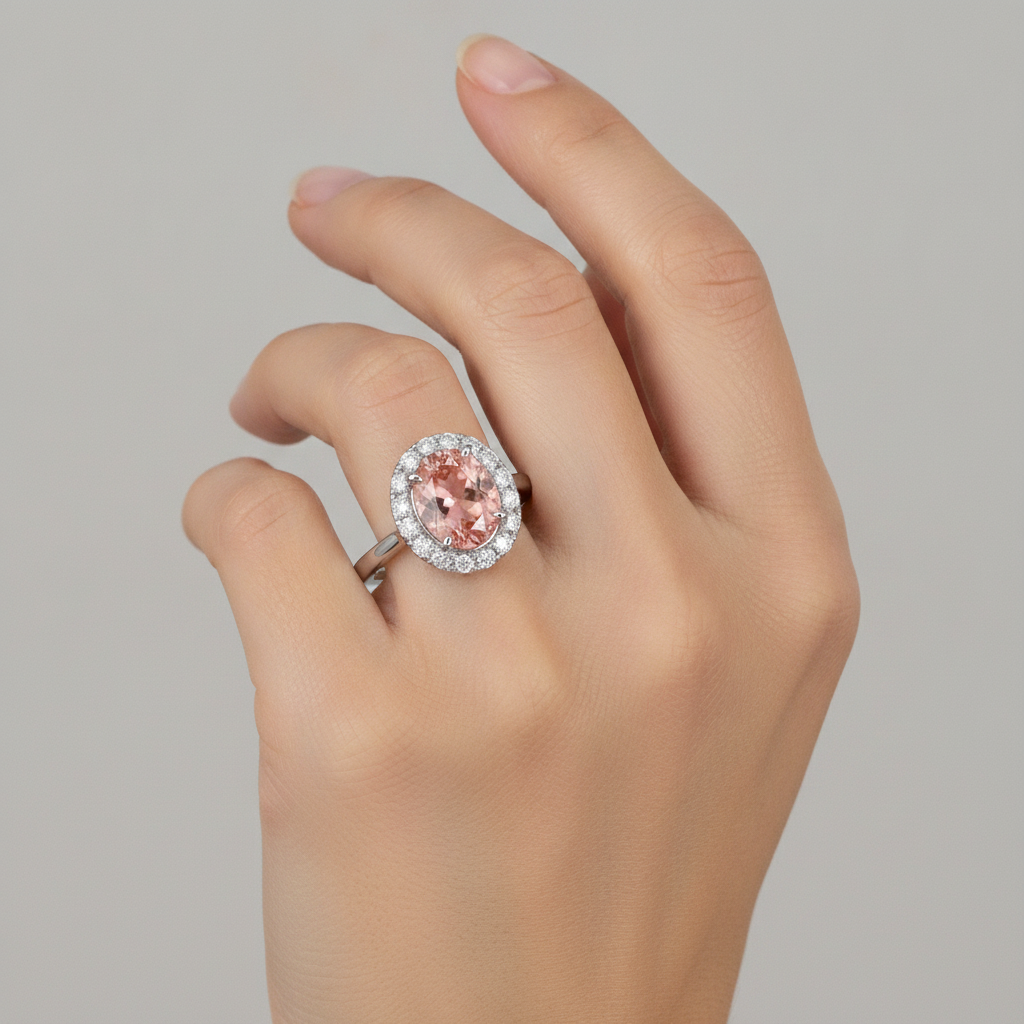 Padparadscha Sapphire Ring 4.3 Carat Lab Grown Oval Halo 14K White Gold