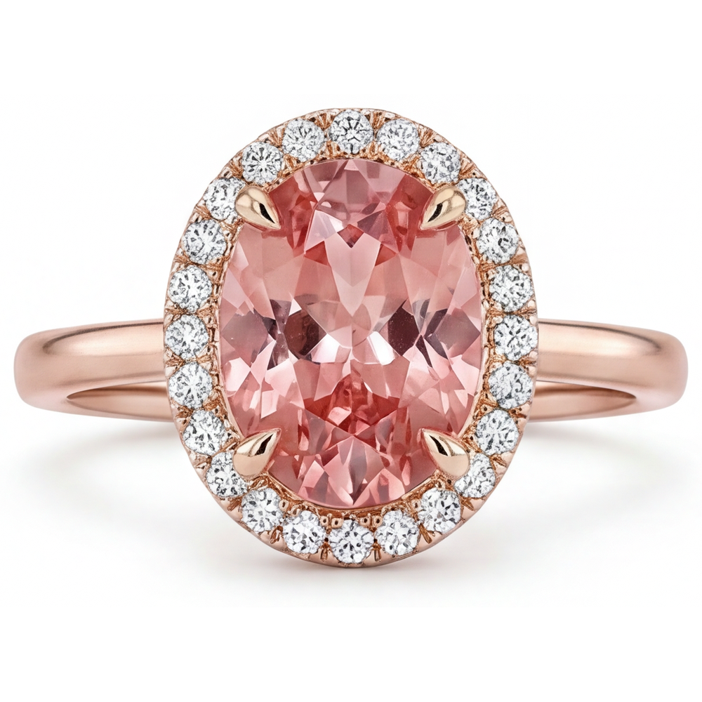 Peach Sapphire Ring 2.8 Carat Natural Oval Padparadscha Halo Plain 14K Rose Gold